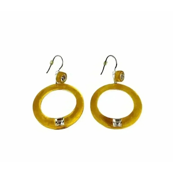 VTG Retro Yellow Frosty Resin Earrings Rhinestones Round Dangle Silver Tone - Picture 6 of 8